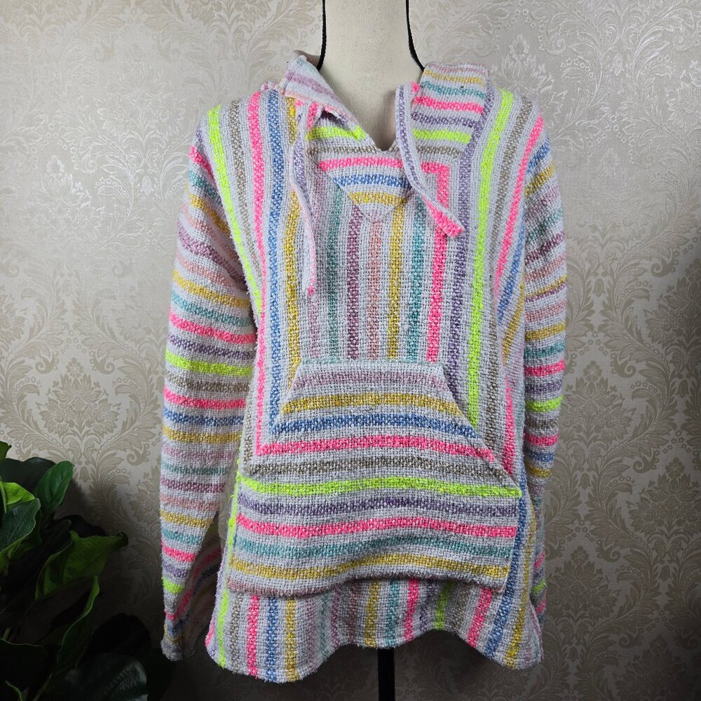 Artilana Size Large White w/ Multicolored Striped Hoodie Kangaroo Pocket Ties
